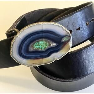 Vintage Agate Geode Slice Buckle Handmade Leather Belt Blue & Turquoise Chip LG